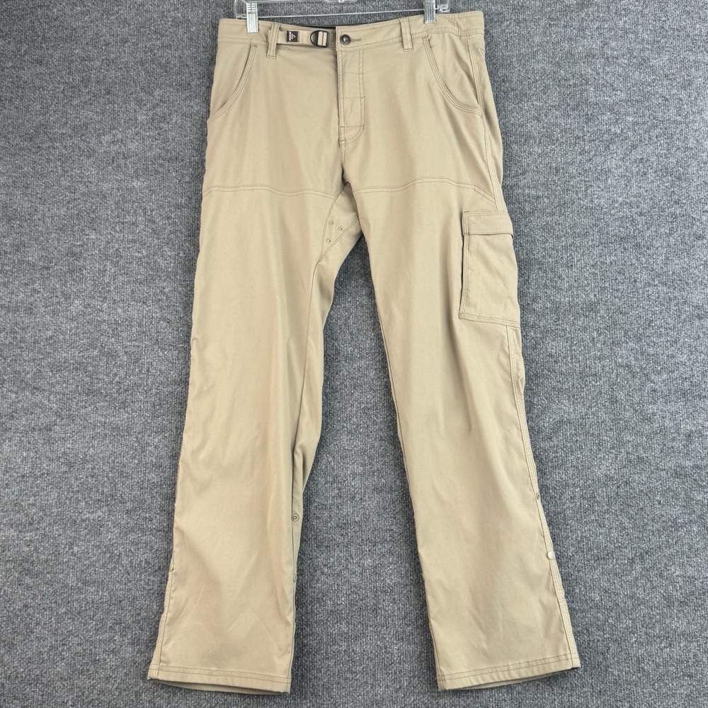 prAna Stretch Zion Pants Mens 33x32 Khaki Cargo Hiking Climbing Belted UPF 50